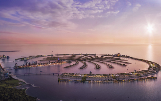 Vue aérienne coucher soleil dans le projet Palm Jebel Ali par Nakheel à Jebel Ali.